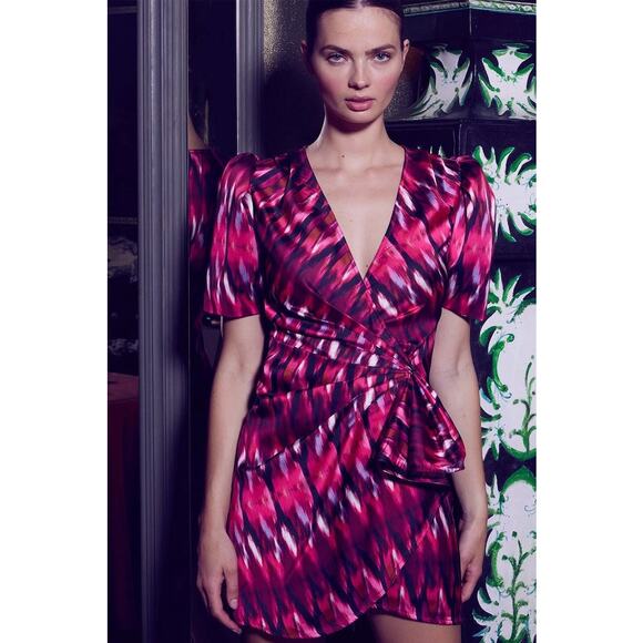 MISA Los Angeles Amina Wrap Chic Satin Ruffle Fuchsia Dress NWT XS $357 - Picture 1 of 7